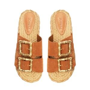 Schutz Enola Rope Raffia Platform Flat Gold Chunky Buckle Slides Sandals Size 10